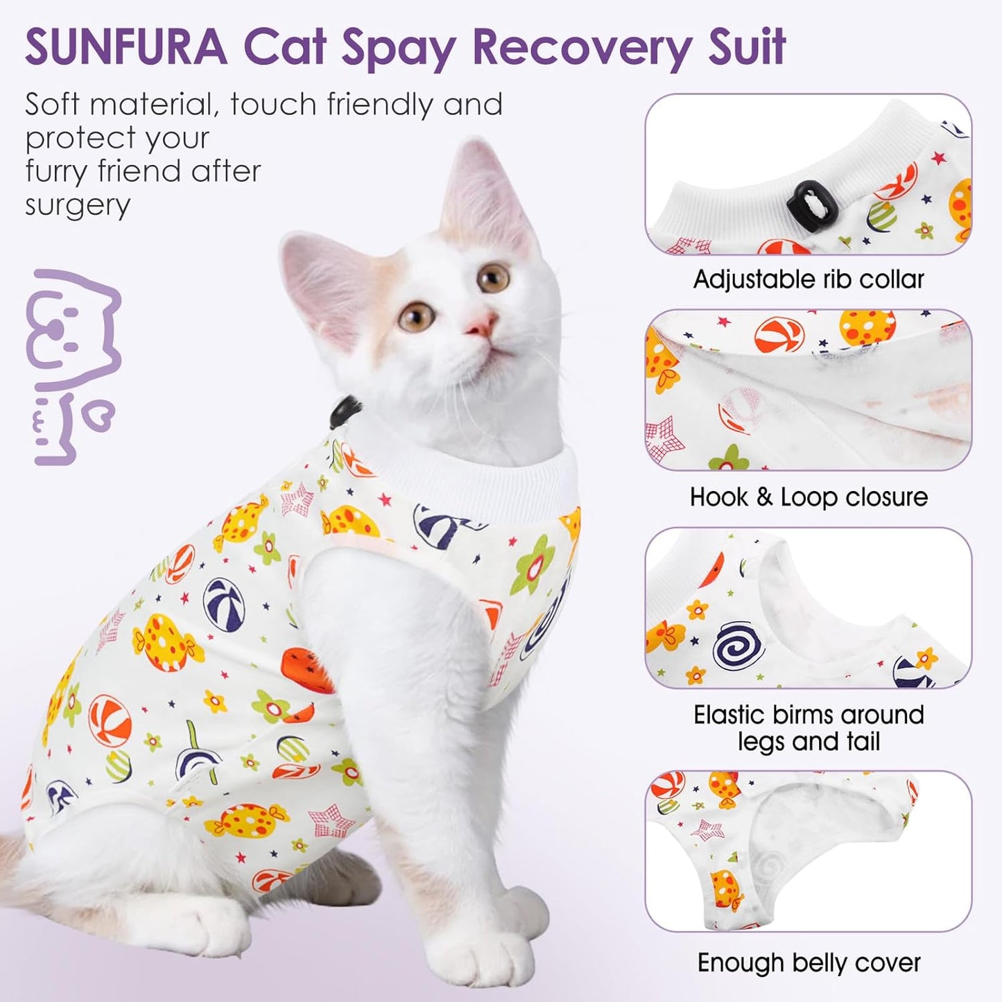 SUNFURA Cat Recovery Suit, Kitten Surgical Full Bodysuit for Abdominal Wound Protector Anti Licking After Surgery, Professional Bandages Cone E-Collar Alternative for Small Male & Female Pets