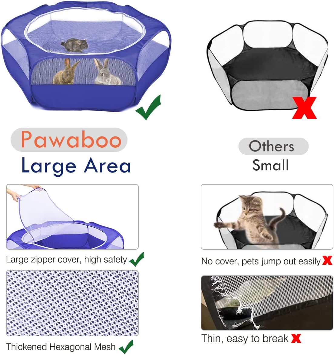 Pawaboo Small Animals Playpen, Waterproof Small Pet Cage Tent with Zippered Cover, Portable Outdoor Yard Fence with 3 Metal Rod for Chick/Kitten/Puppy/Guinea Pig/Rabbits/Hamster/Chinchillas,Indigo