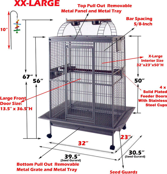 Extra Large Castle PlayTop Parrot Rolling Cage for Large Macaws Cockatoos African Grey Amazon (32" L x 23" W x 66" H WhiteVein)