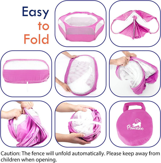 Pawaboo Small Animals Playpen, Waterproof Small Pet Cage Tent with Zippered Cover, Portable Outdoor Yard Fence with 3 Metal Rod for Chick/Kitten/Puppy/Guinea Pig/Rabbits/Hamster/Chinchillas,Magenta