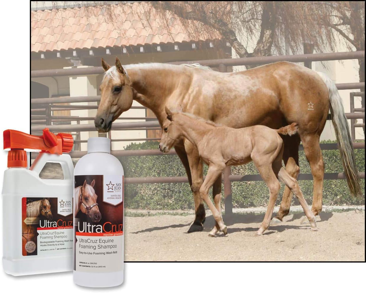 UltraCruz Equine Foaming Horse Shampoo with Travel Applicator and Refill Bundle, 32 oz Each