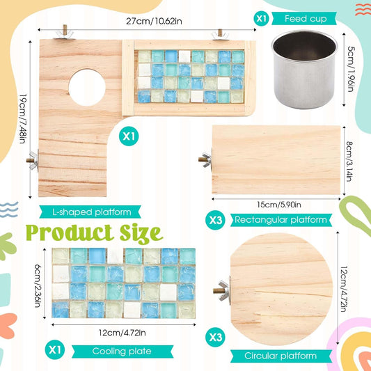 Set of 9 Wooden Hamster Cage Platform Chinchilla Ledges and L Shaped Round Hole Rat Cage Accessories with Cooling Standing Board Food Cup for Squirrel Gerbil Guinea Pig Small Animal