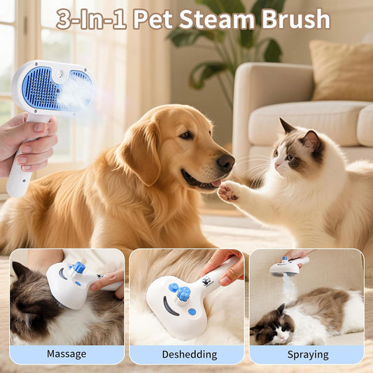 Cat Steam Brush for Shedding,3 In 1 Steam Brush for Dogs & Cats,Spray Hair Removal Comb,Includes Waterless Shampoo,Suitable for Long-haired and Short-haired Pets