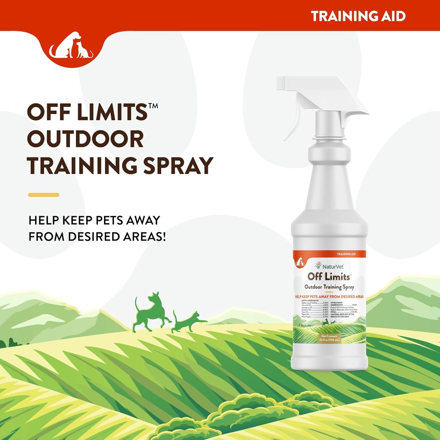 NaturVet Off Limits Pet Training Spray for Dogs & Cats – Deters Pets from Outdoor Areas – Includes Herbal Extracts – Non-Staining Sprays for Training Pets – 32 Fl. Oz.