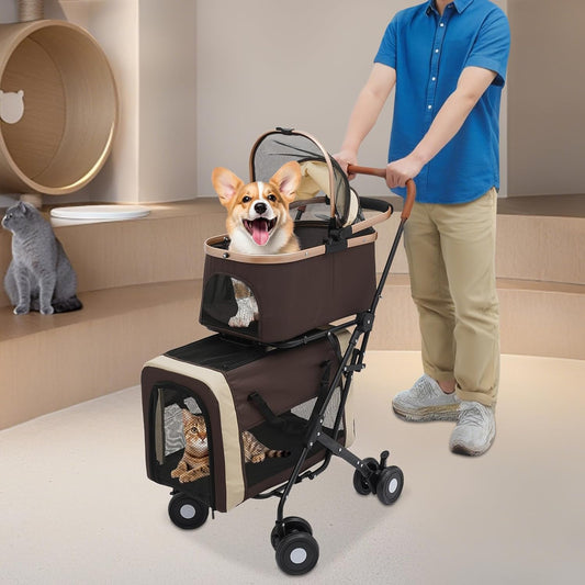 Double Pet Stroller for Dogs and Cats, Foldable Dog Stroller Travel Carriage with Detachable Carriers, Safety Belts, and 4 Lockable Wheels for Small to Medium Pets (Coffee Color)