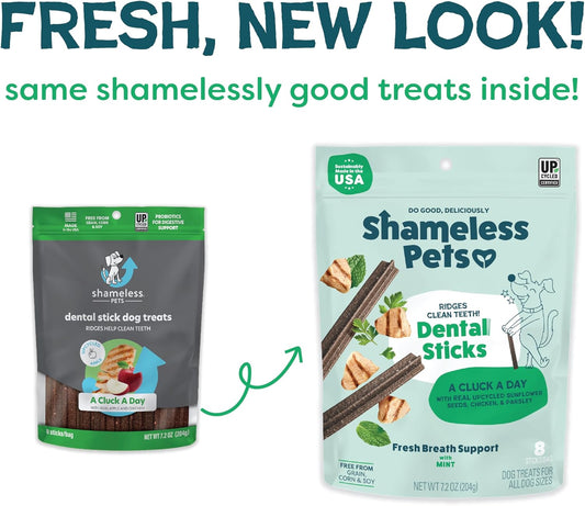Shameless Pets Dental Treats for Dogs, A Cluck A Day - with Digestive Support for Teeth Cleaning & Fresh Breath - Dog Bones Dental Chews Free from Grain, Corn & Soy