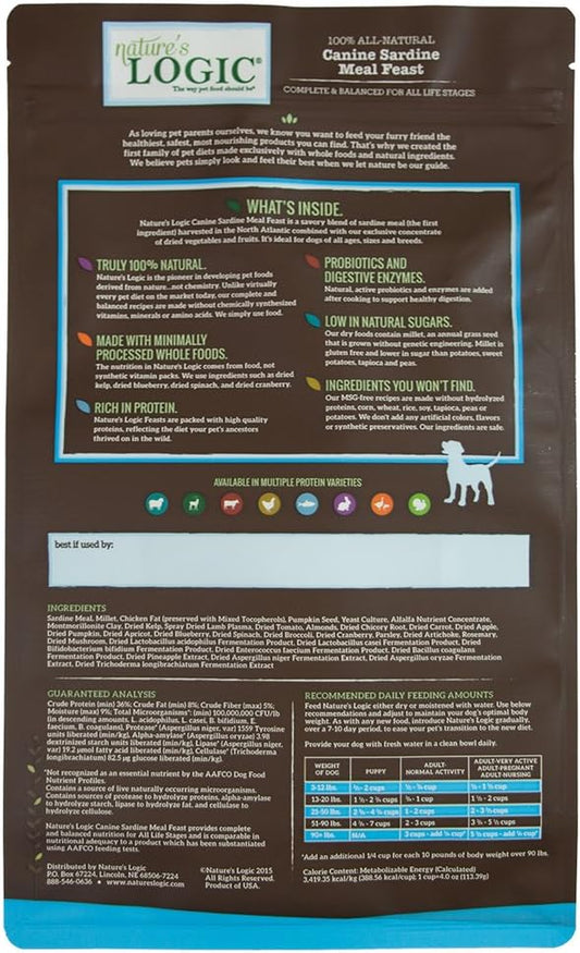 Nature's Logic Dry Dog Food - 100% Natural - No Synthetics - For All Ages, Sizes, Breeds - Free From Common Allergens, High Protein - Sardine Meal Feast, 4.4lbs