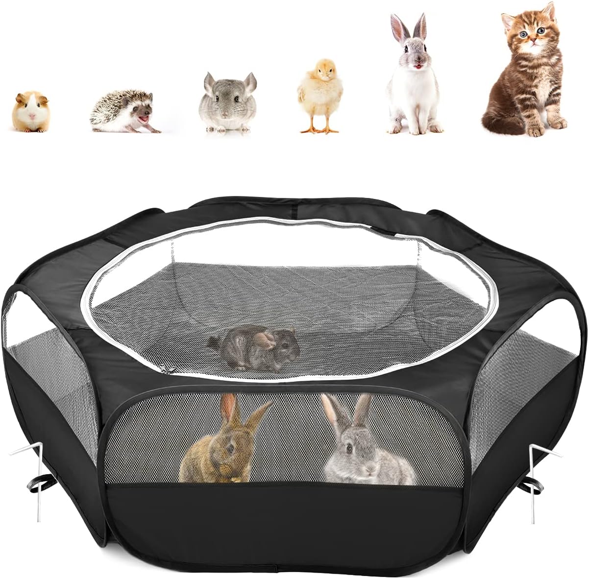 Pawaboo Small Animals Playpen, Waterproof Small Pet Cage Tent with Zippered Cover, Portable Outdoor Yard Fence with 3 Metal Rod for Kitten/Puppy/Guinea Pig/Rabbits/Hamster/Chinchillas, Black