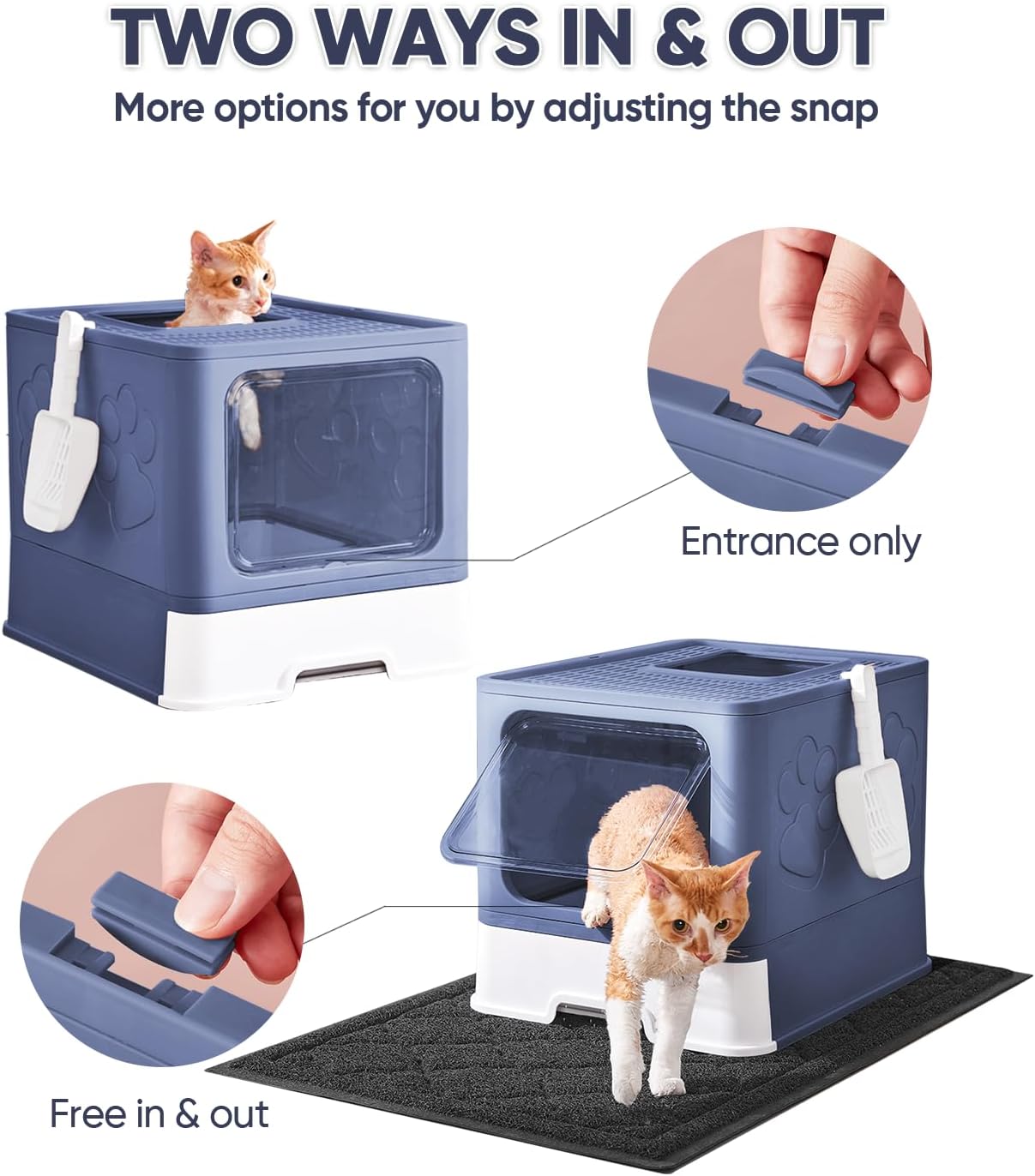 Cat Litter Box with X-Large Litter Mat and Scoop, Large Foldable Litter Box with Lid, Enclosed Kitty Box,Front Top Entry Exit, Odor Control Easy to Clean (Upgrade Midnight)