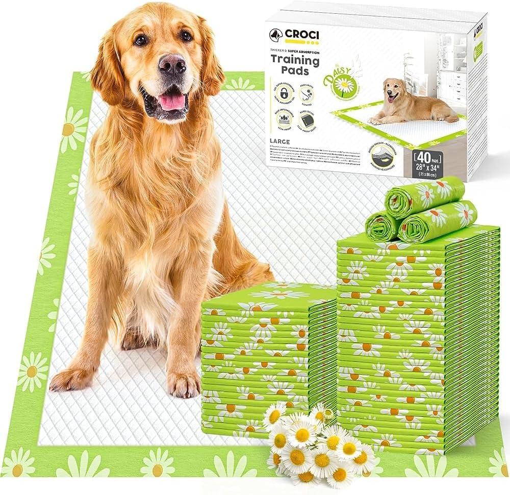 CROCI Pee Pads for Dogs 28x34in Daisy Pattern, Puppy Pads with Adhesive Tabs Super Absorbent Up to 8 Cups, Disposable (40 Counts)