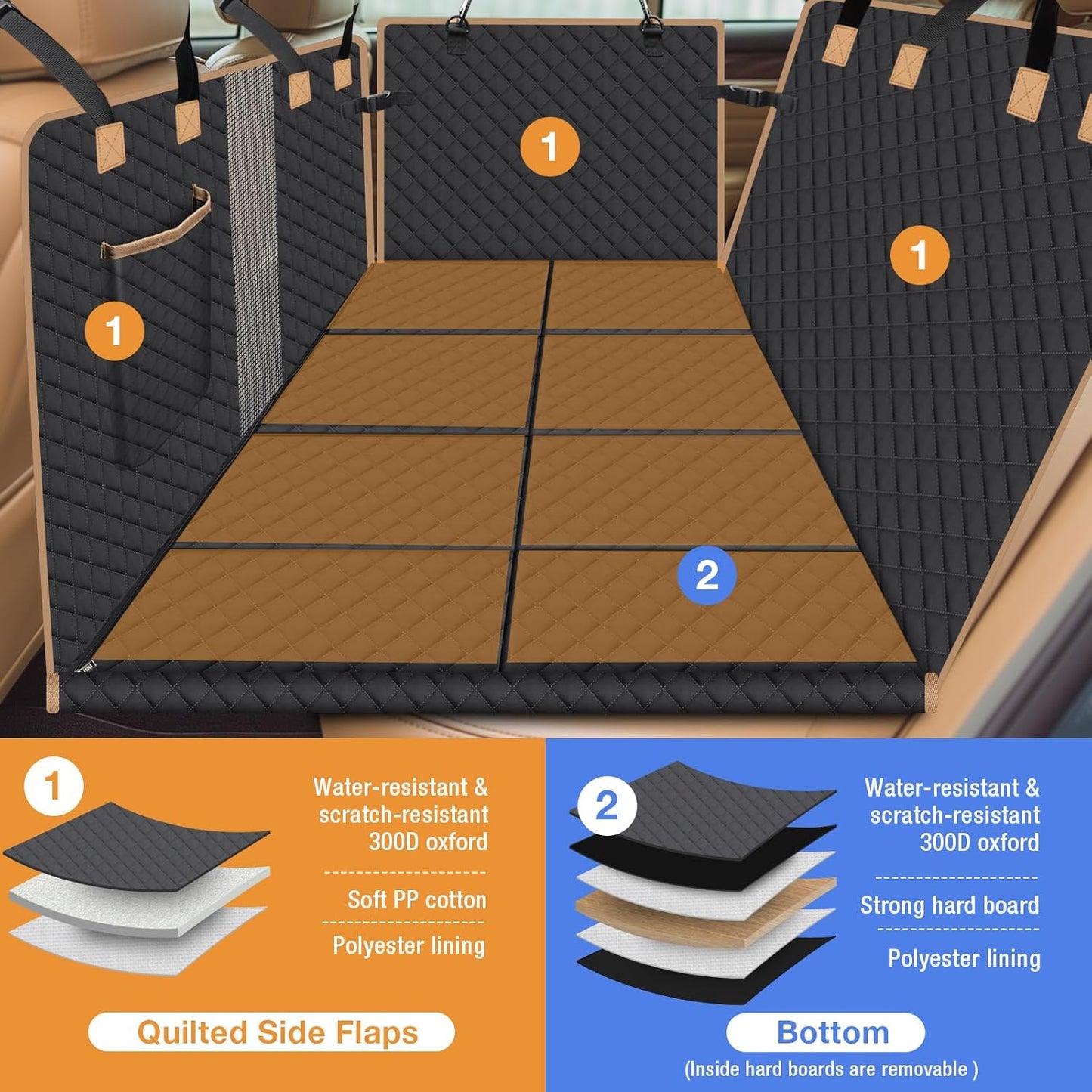 Dog Car Seat Cover for Back Seat, Dog Car Bed Cover with Hard Bottom, Backseat Extender Hammock for Mid-Sized Truck/SUV 8 Panels - Black