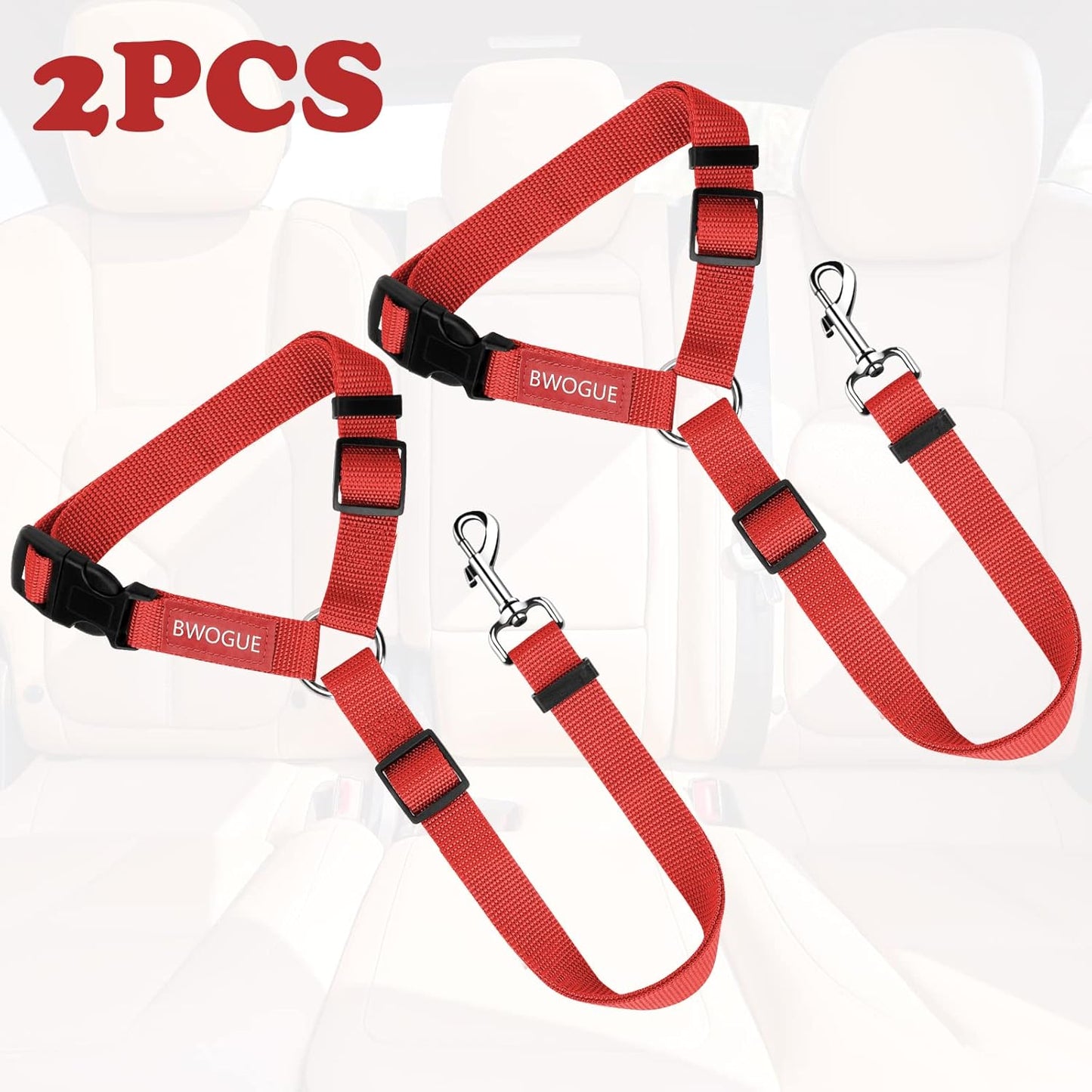 BWOGUE 2 Packs Dog Cat Safety Seat Belt Strap Car Headrest Restraint Adjustable Nylon Fabric Dog Restraints Vehicle Seatbelts Harness Red