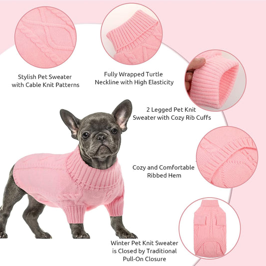 Queenmore Small Dog Pullover Sweater, Cold Weather Cable Knitwear, Classic Turtleneck Thick Warm Clothes for Chihuahua, Bulldog, Dachshund, Pug, Yorkie (Pink, X-Small)