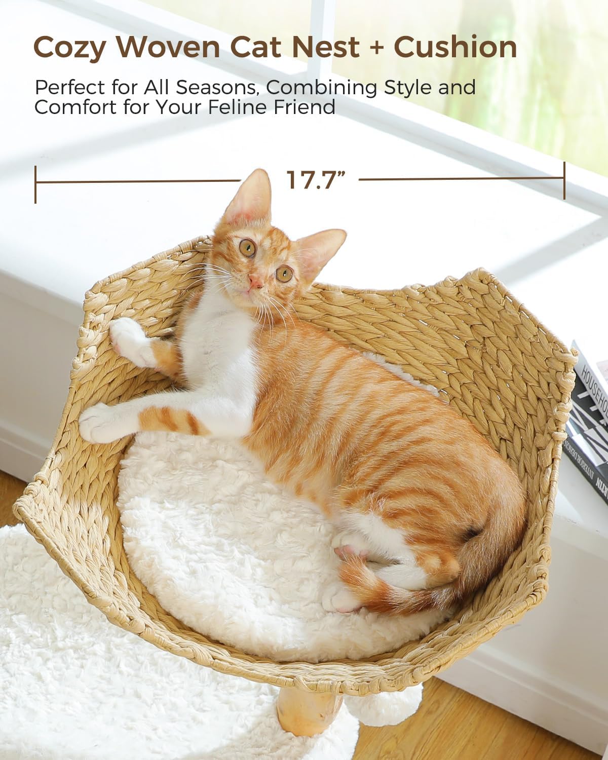 Modern Cat Tree Tower for Large Cats, Wood Cat Tower with Natural Scratching Post, Solid Wood Condo, Real Branch Luxury Cat Furniture with Curved Bed, Top Basket, White