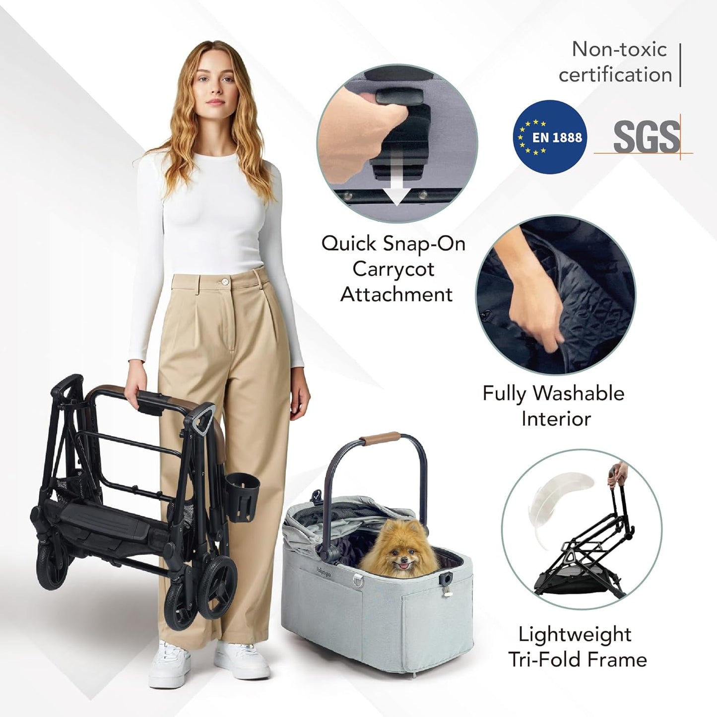 ibiyaya Tinker Pet Stroller for Small Dogs and Cats – 3-in-1 Pet Carrier, Dual-Opening Canopy, No-Flat Wheels, Vegan Leather Handle, Large Storage Basket (Sage Green)