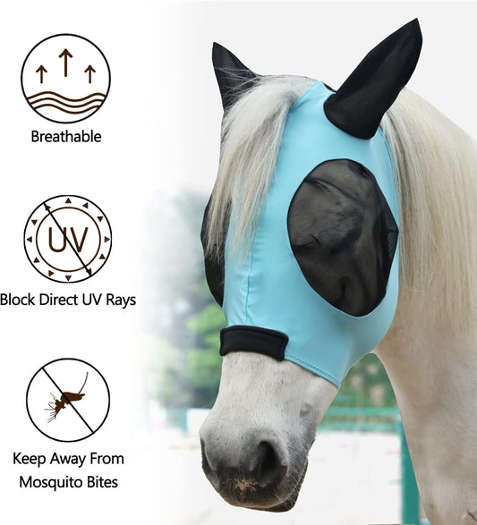 Horse Fly Mask with Ears - Large Eye Space for Full Vision, Breathable Stretch Comfort Fit, UV Protection, Forelock Opening, Easy Pull-On Paleblue Full