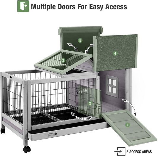 Wooden Rabbit Hutch Indoor and Outdoor, Rabbit Cage with Removable Wire Netting and Leak Proof Tray, Mobile Bunny Cage with Wheels
