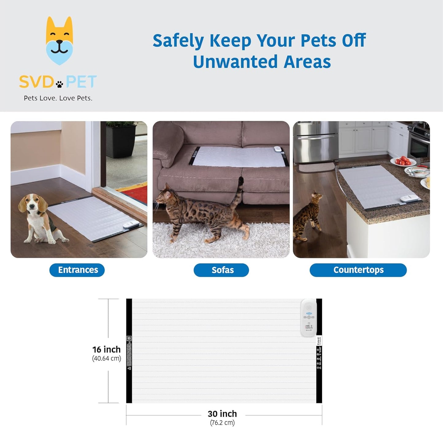SVD.PET (2-Pack Pet Training Mat with Tester, Pet Shock Pad, Dogs & Cats Electronic Repellent mat for Indoor, 3 Training Modes, 5 Levels, Pet Safe Mode (White controler 30" X 16")