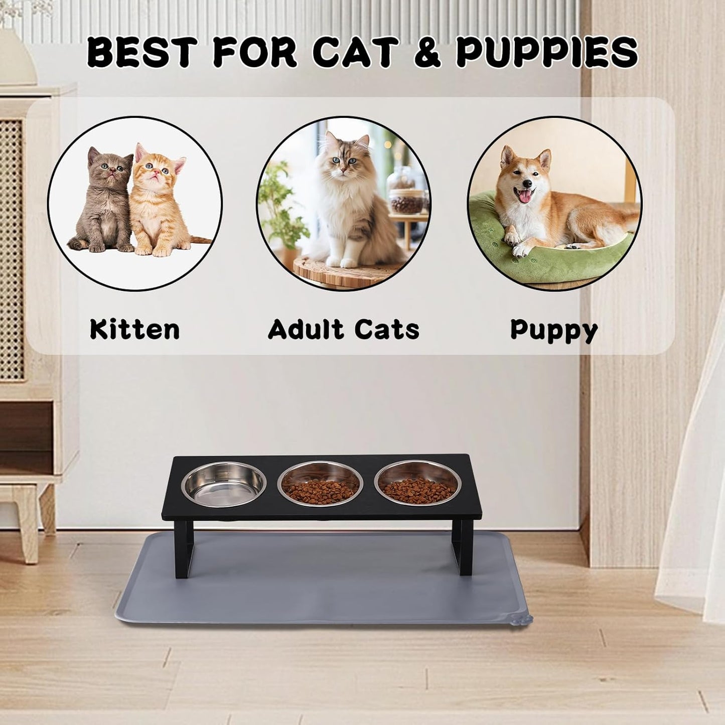 Upgraded Elevated Cat Bowls with Food Mat,15°Tilted Stand Anti Vomiting Raised Cat Dishes for Food and Water,3 Stainless Steel Bowls for Cats and Puppy（Black）