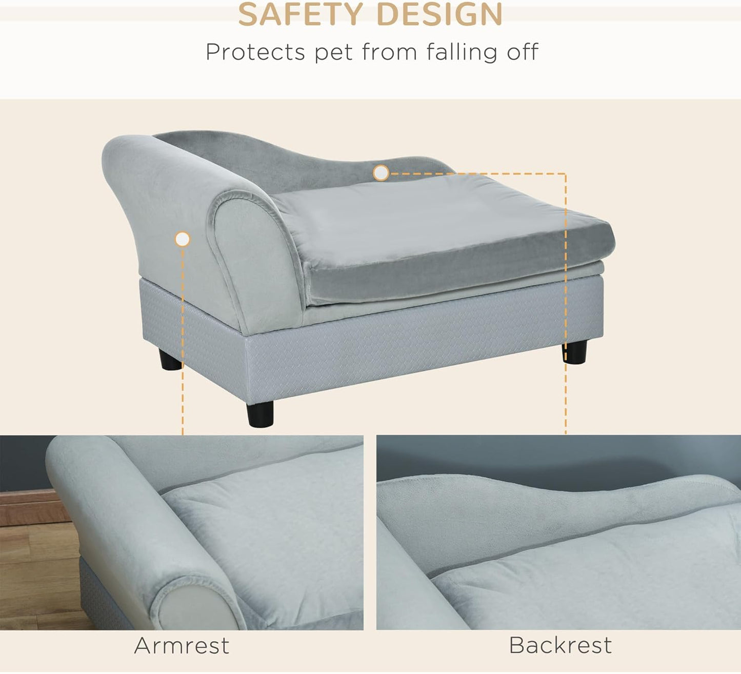 PawHut Luxury Fancy Dog Couch with Hidden Storage, Small Dog Sofa Bed with 2" Soft Foam, Modern Pet Furniture for Puppies & Little Breeds, Pale Gray