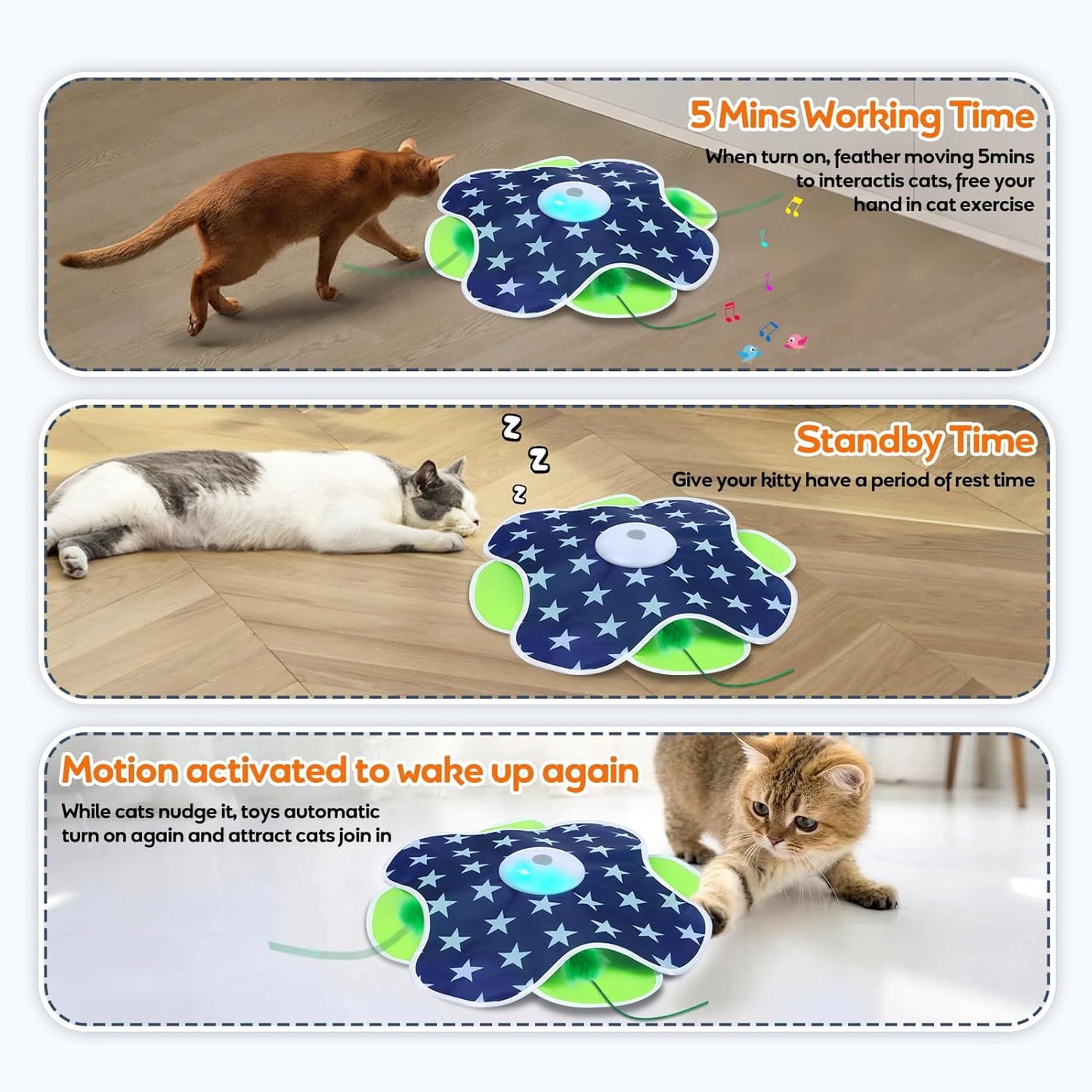 Interactive Cat Toys Auto Moving Feather Concealed in Mat,Motion Activated Cat Toys with Mouse Squeaky, Cat Exercise Toys for Bored Cats