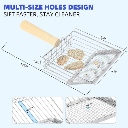 Litter Scooper, Metal Litter Scoop, Pooper Scooper with Wooden Handle, Cat Litter Scoop, Metal Scooper & Speed Sifter Deep Shovel Scoop Filter,Kitten Pooper Lifter for Litter Box
