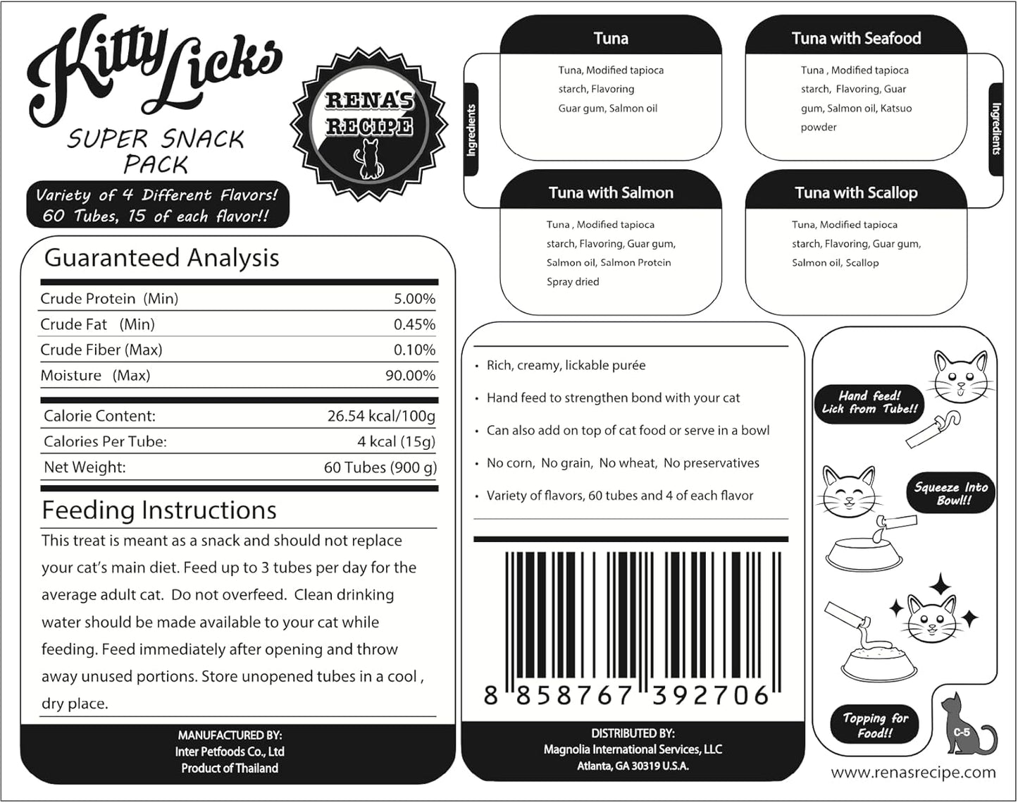 Rena's Recipe Kitty Licks Tuna Barrel (60 Tubes) 4 flavorsX 15 Tubes Cream Lickable Cat Treats 4 Different Flavors: Tuna with Seafood, Scallop, and Salmon