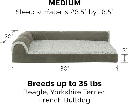 Furhaven Cooling Gel Dog Bed for Medium/Small Dogs w/ Removable Bolsters & Washable Cover, For Dogs Up to 35 lbs - Two-Tone Plush Faux Fur & Suede L Shaped Chaise - Dark Sage, Medium