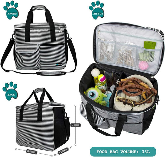 PetAmi Dog Travel Bag - Organizer with Food Container, Bowls & Accessories for Weekend Camping, Cat Diaper Bag (Stripe Black, Large)