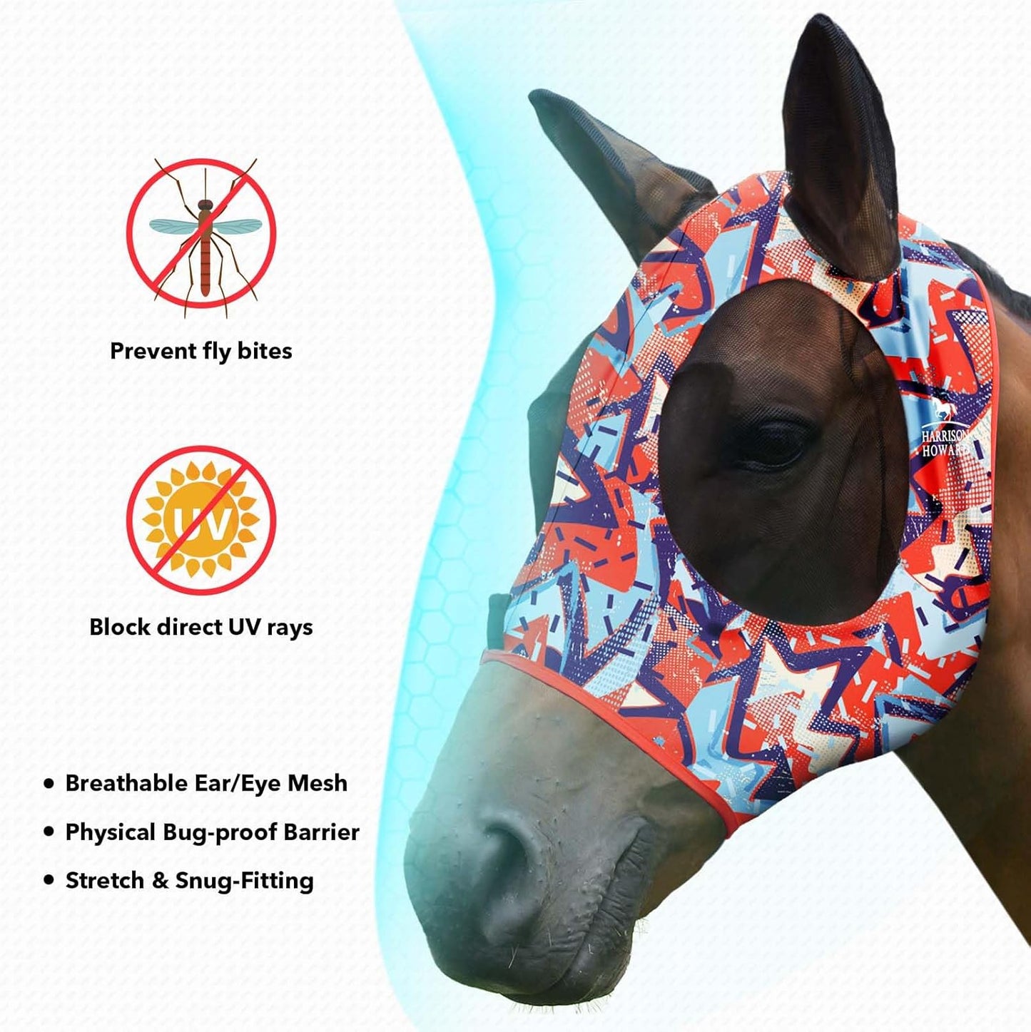 Harrison Howard Super Comfort Stretchy Fitting Horse Fly Mask with UV Protection Soft on Skin with Breathability Orange Geo Print Full Size