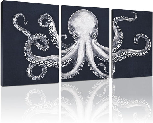 Octopus Wall Decor, Octopus Canvas Wall Art, Ocean Wall Decor,Sea Animal Canvas to Paint for Bathroom, Living Room, Bedroom (12" x 18" x 3 pcs)