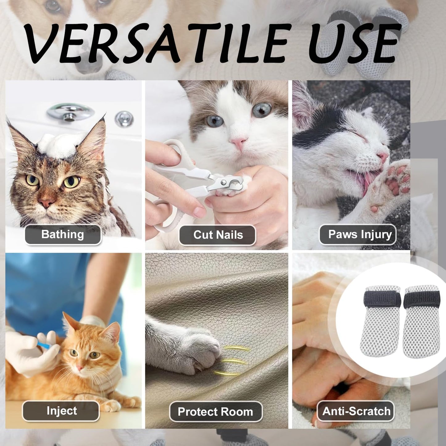 4 Pcs Cat Scratch Cover for Nursing Rehabilitation Boots Adjustable Bath Bath Gloves，to Prevent Scratching Suitable for Bathing, Feeding and Nail Trimming of Cats