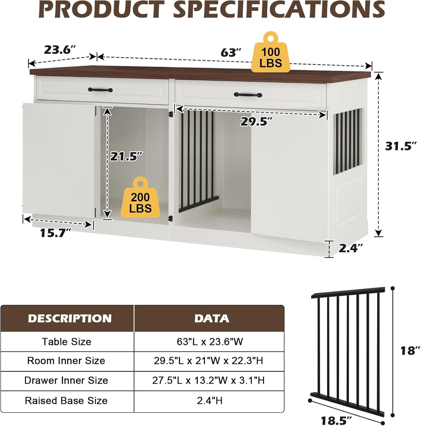 Large Dog Crate Furniture - Wooden Indoor Dog Kennel Furniture for 2 Dogs with 2 Drawers and Removable Divider, Heavy Duty Dog Crate Table, 63" L x 23.6" W x 31.5" H, White