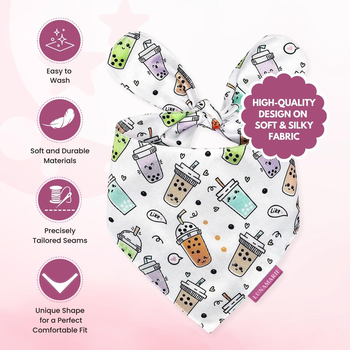 LunaMarie - Luxury Pet Birthday Bandanas -Premium & Silky Poly Fabric | 100% Handmade | Custom Shape Dual Layered (Boba, Small)