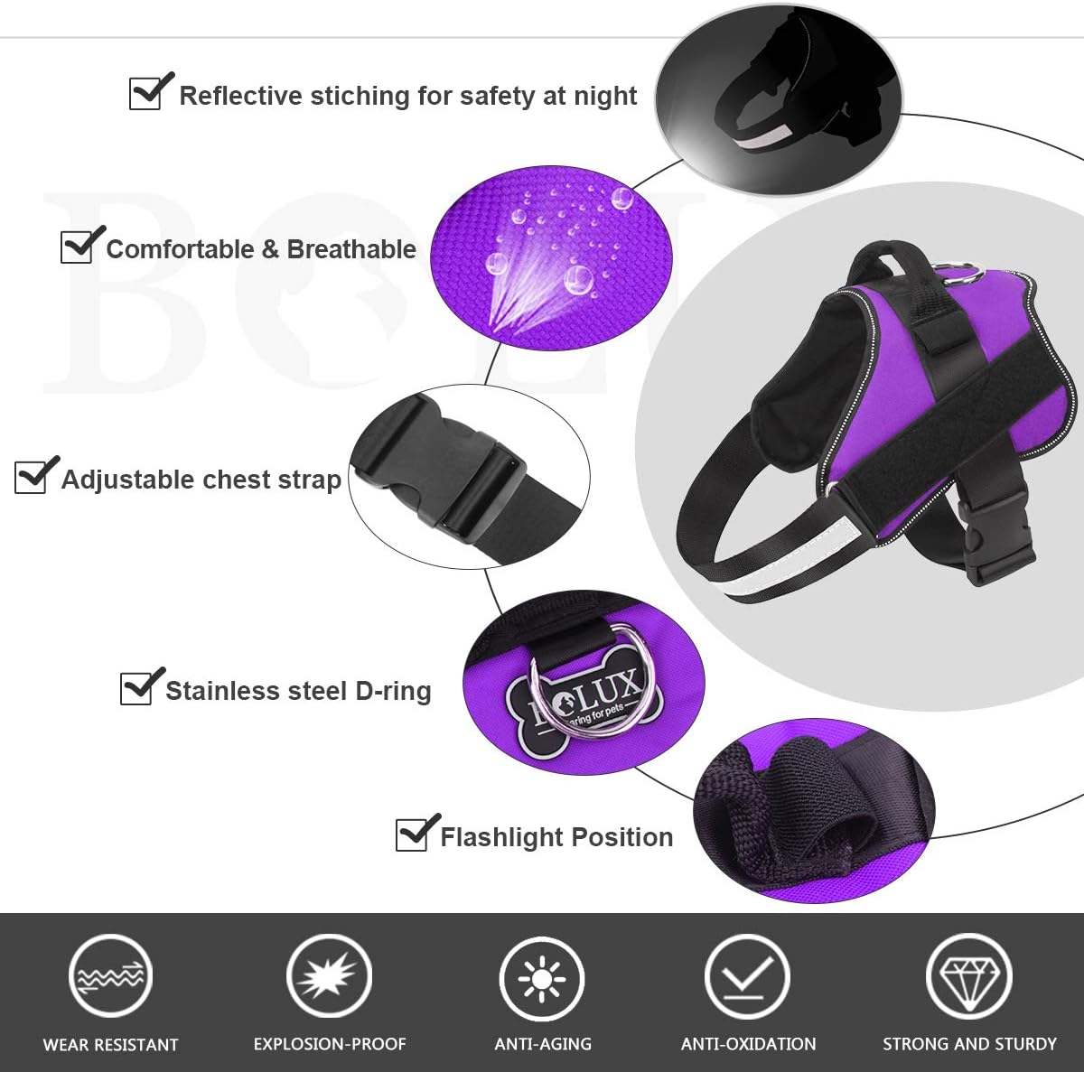 Bolux Dog Harness, No-Pull Reflective Dog Vest, Breathable Adjustable Pet Harness with Handle for Outdoor Walking - No More Pulling, Tugging or Choking (Purple, XS)