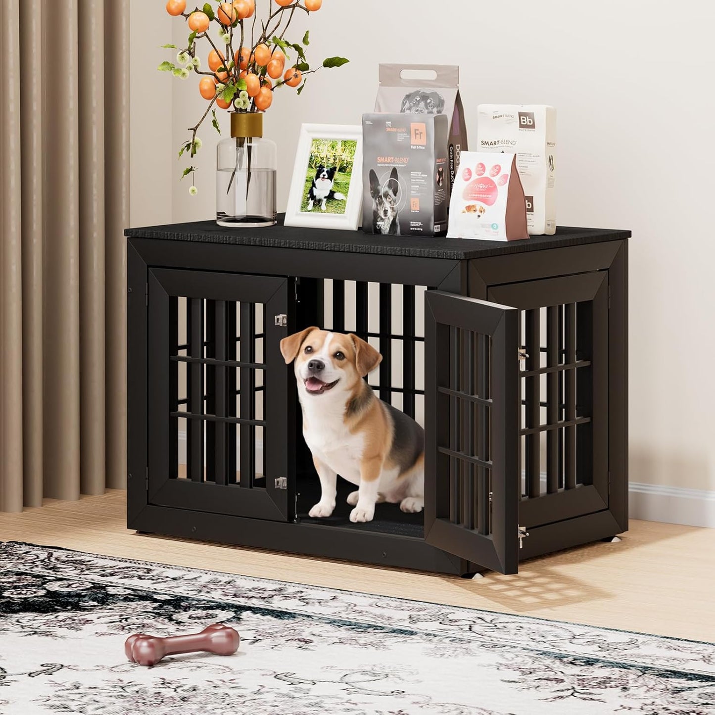 38" Heavy Duty Dog Crate Furniture for Small,Medium and Large Dogs,Rustic Wooden Dog Cage Kennel Indoor Furniture with Waterproof Top,Decorative Pet House Side End Table (Black)