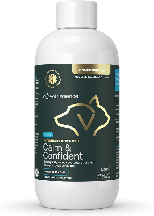VetriScience Veterinary Strength Calm & Confident Liquid - Liquid Calming Supplement for Dogs & Cats - Pet Relaxation Formula - Clinical Strength - Easy to Administer - Unflavored - 8 oz