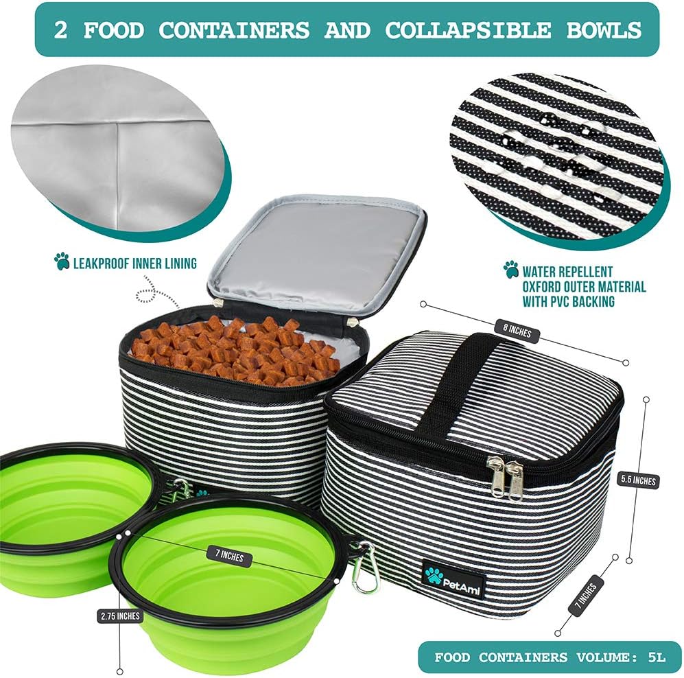 PetAmi Dog Travel Bag - Organizer with Food Container, Bowls & Accessories for Weekend Camping, Cat Diaper Bag (Stripe Black, Large)