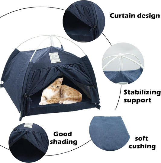 Cat Tent Bed,Cats Cave House Portable for Indoor with Removable Non-Slip Soft Pad Foldable Cat Tents Hut Washable Pet House Bed Outdoor for Kitty Puppy Small Pets 15.7x15.7x16.1 in (Navy Blue)