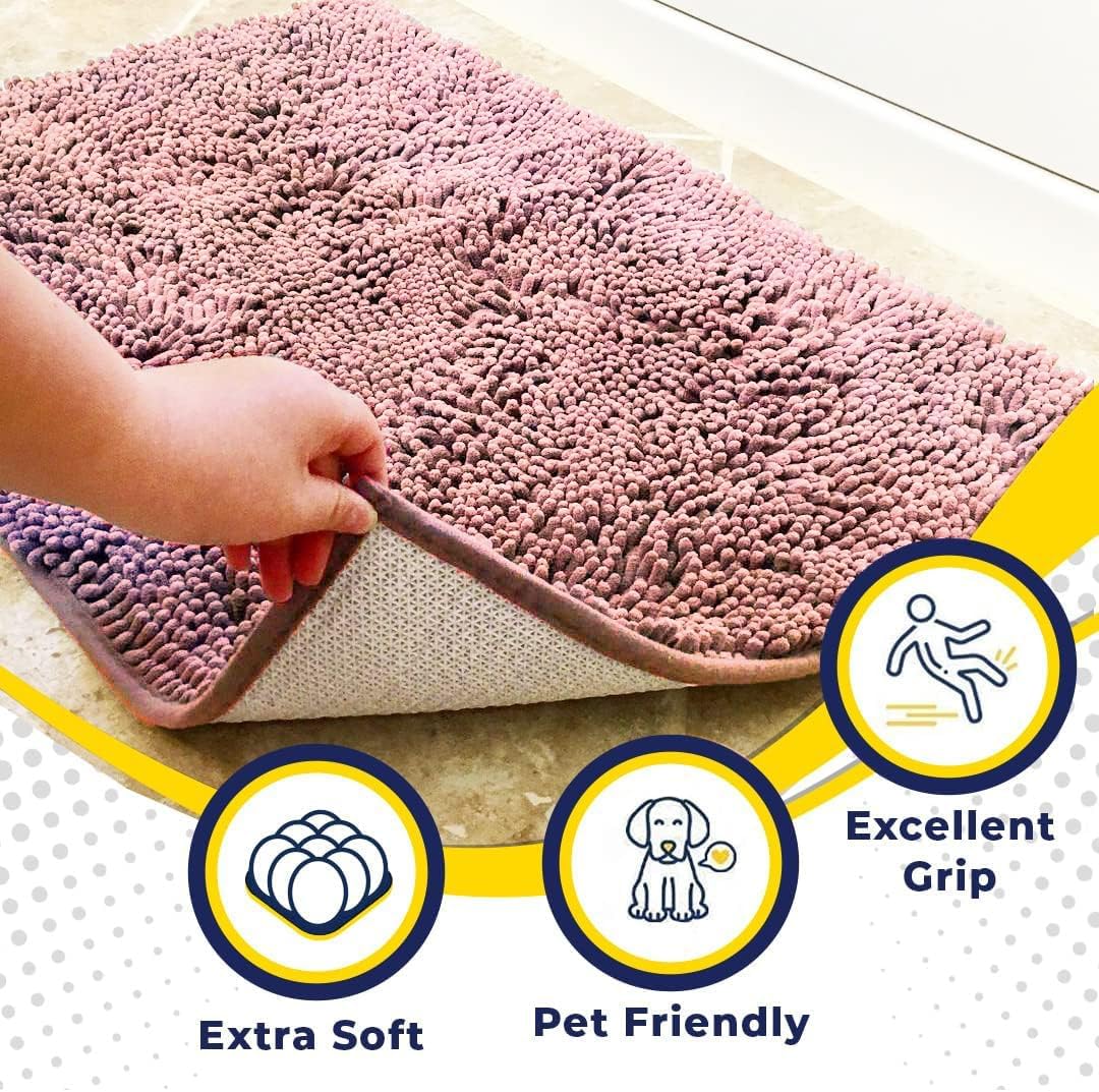 Muddy Mat® AS-SEEN-ON-TV Highly Absorbent Microfiber Door Mat and Pet Rug, Non Slip Thick Washable Area and Bath Mat Soft Chenille for Kitchen Bedroom Indoor and Outdoor - Light Pink 24" x 120"