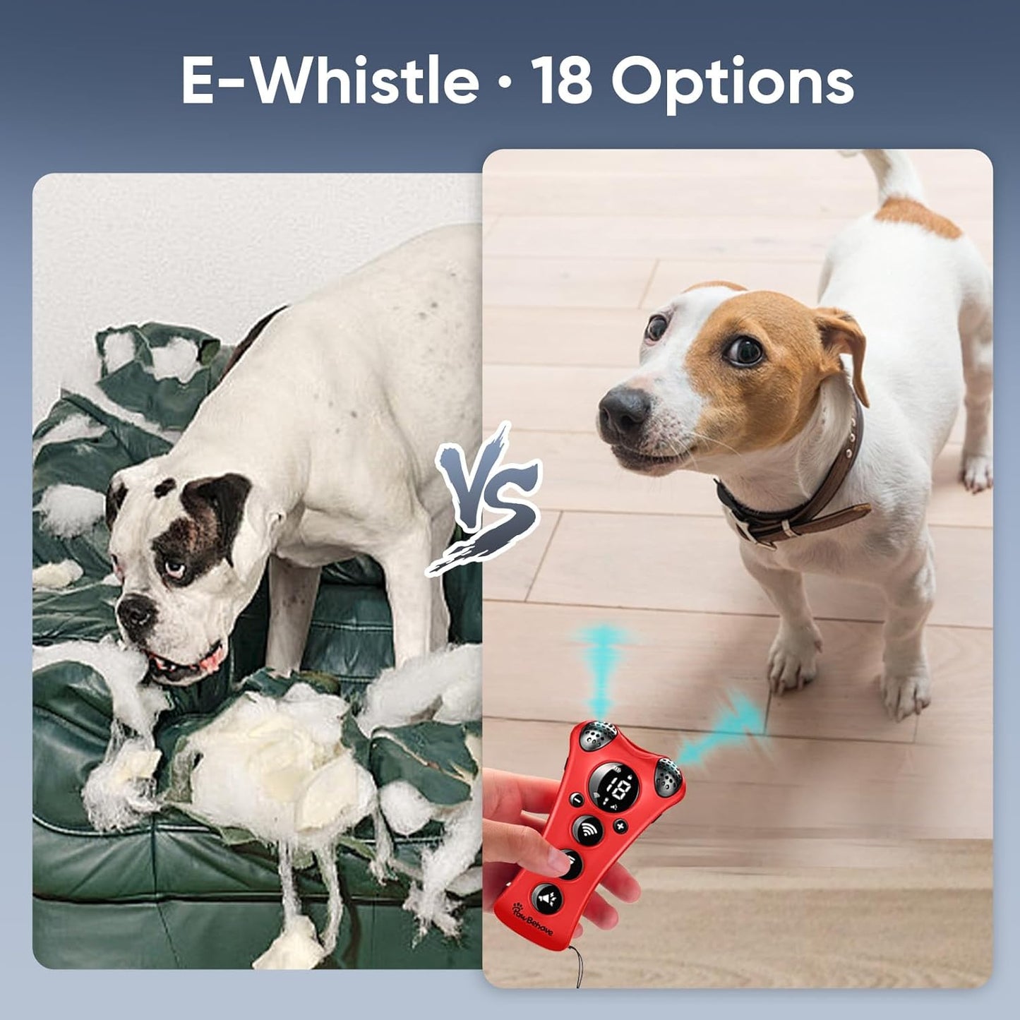 Ultrasonic Dog Bark Deterrent Device –10-Level Adjustable Anti Barking Trainer with Flashlight, Strobe, E-Clicker(18 Whistle Sounds)–No Shock, Collar-Free Dog Behavior Correction Devices