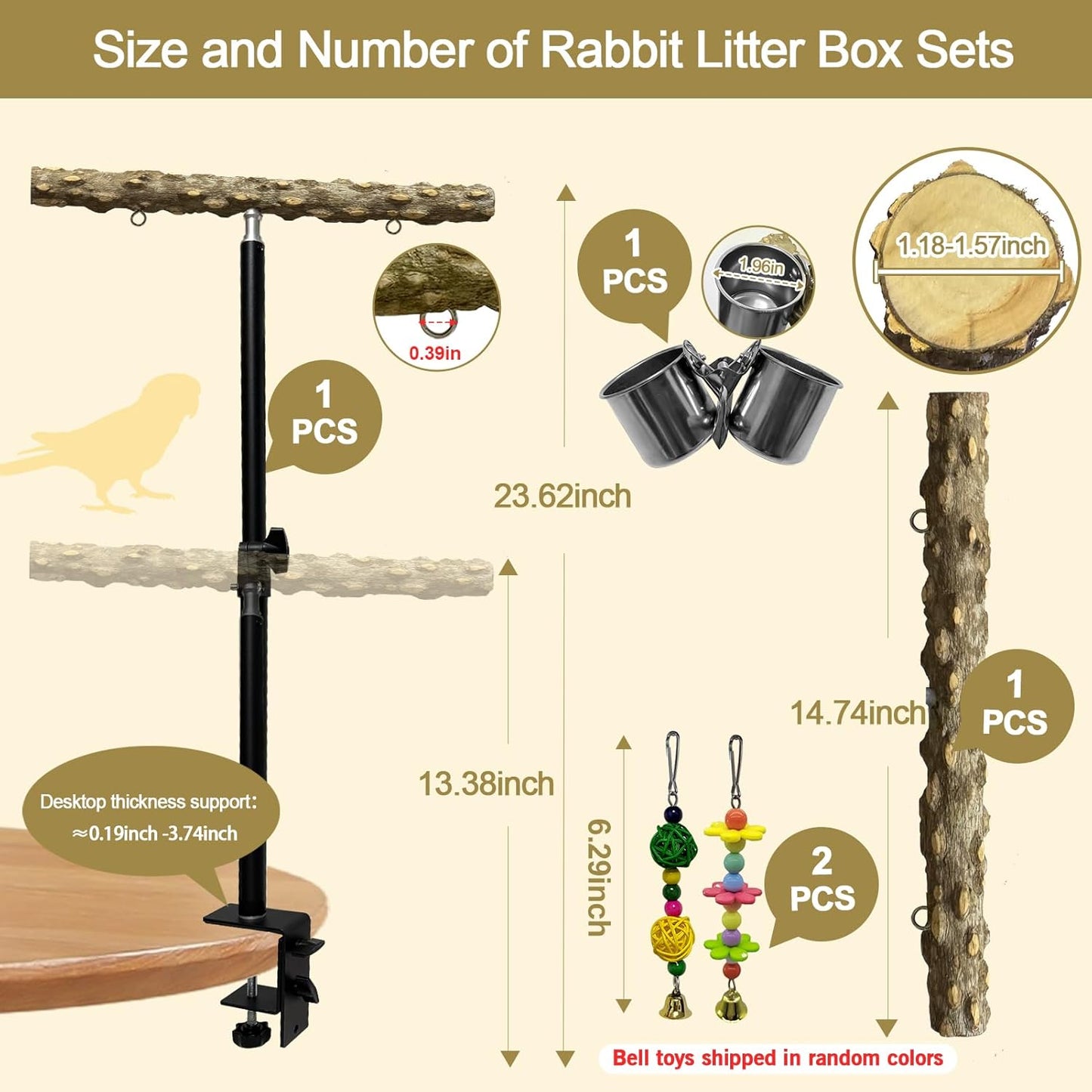 18-27 Inch Height Adjustable Bird Perch Pepper Wood Desktop Bird Training Perch Stand with Feeding Cups and Swing Toy Parakeet Perches Indoor and Outdoor Parrot Stand for Small to Medium Birds