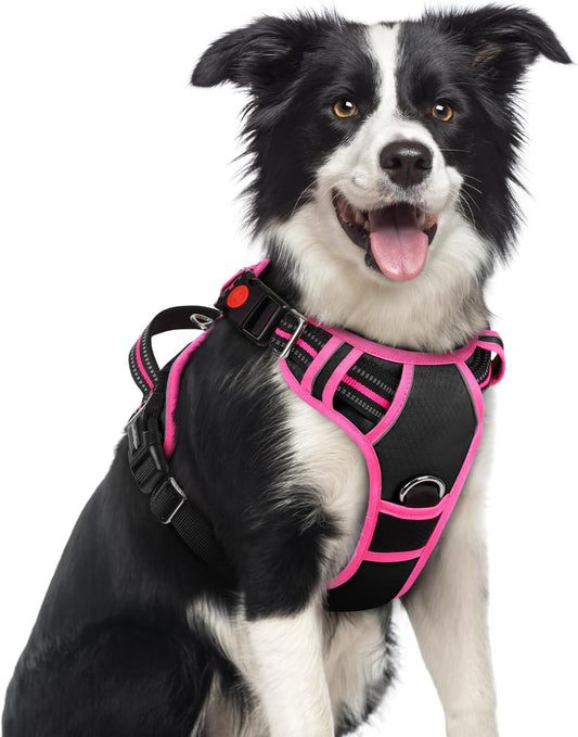 rabbitgoo Dog Harness Medium Sized, No Pull Dog Vest with 3 Buckles, Adjustable Soft Padded Pet Harness with Easy Control Handle and Reflective Strips, Black & Rose Pink, M