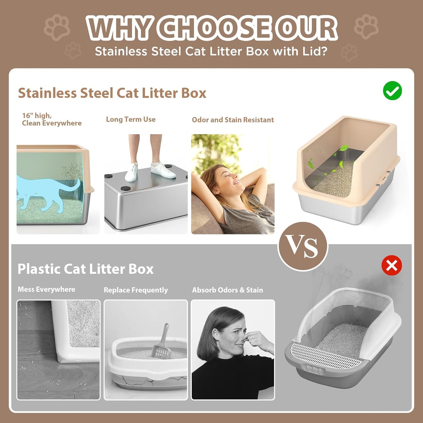 Stainless Steel Cat Litter Box, Metal Litter Box with Lid, 14" Extra Large Litter Boxes for Big Cats, High Sided Beige Cat Box Enclosure Blends with Home Decor, Non-Sticky, Anti-Leakage, Easy Clean