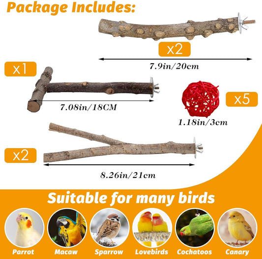 kathson 5pcs Natural Parrot Perch for Cage Wooden Bird Perches Grape Bird Stick Parakeet Climbing Standing Branches Toy Chewable Cage Accessories for Small Budgies Cockatiels Lovebirds Budgies