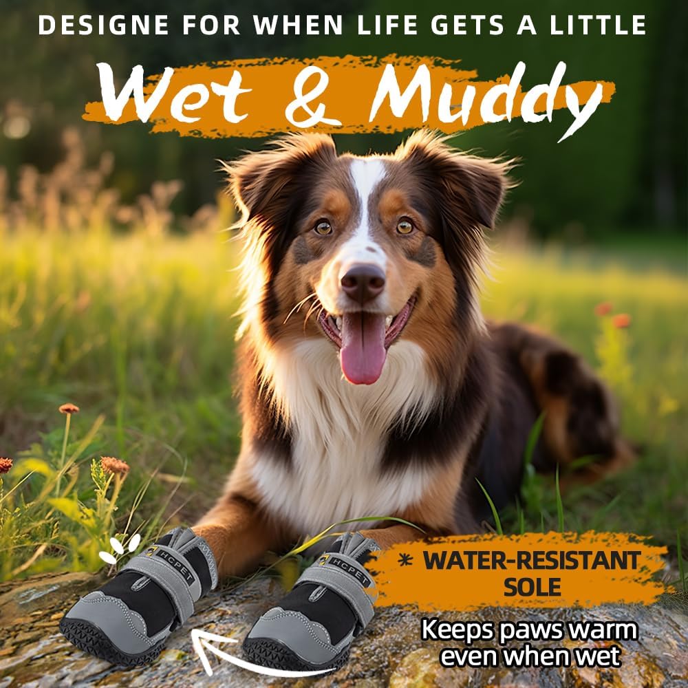 Hcpet Dog Shoes for Large Dogs, Waterproof Dog Booties for Small Medium Dogs, Anti-Slip Dog Boots & Paw Protectors for Hot Pavement Winter Snow Hiking with Reflective Straps Black Size 7