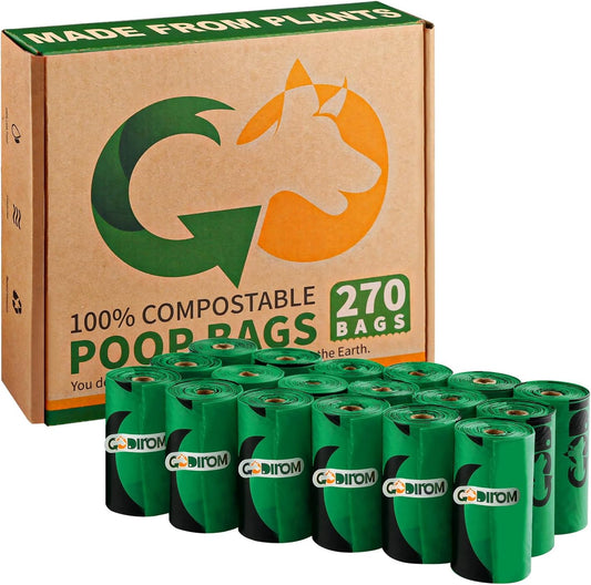 Certified 100% Compostable Poop Bags for Dogs, 270 Count Guaranteed Leak Proof and 18 Microns Extra Thick Dog Waste Bag, 18 Rolls of Plant Based Doggie Poop Bag, No Scented with ASTM D6400 & EN13432