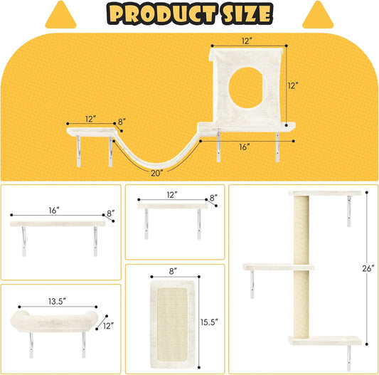 NUNU LAB Wall Mounted Cat Furniture, 6 Pcs Cat Wall Shelves with Condo House, Bridge, Steps, Scratcher, Hammock, Indoor Safe & Stable Furniture for Kittens Play, Beige