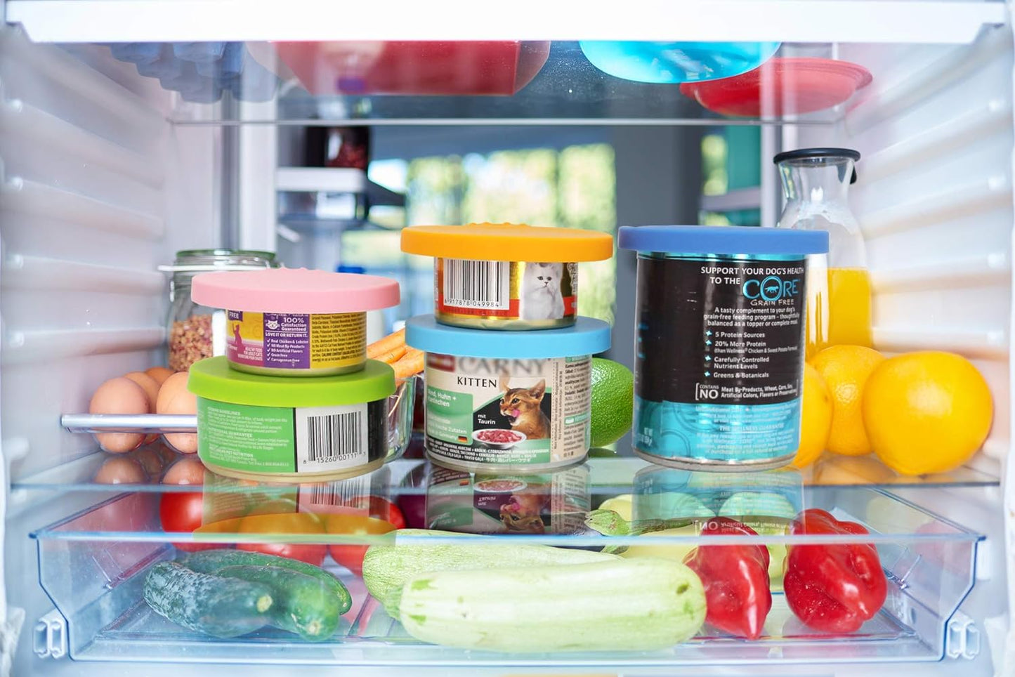 Comtim Pet Food Can Cover Silicone Can Lids for Dog and Cat Food(Universal Size,One fit 3 Standard Size Food Cans),Green and Orange