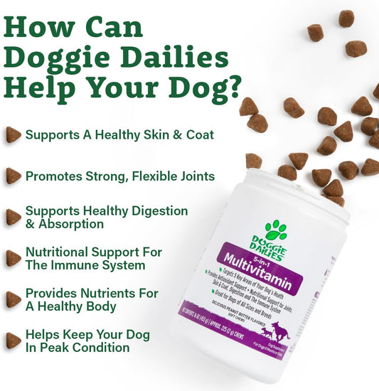 Doggie Dailies 5 in 1 Multivitamin for Dogs, Dog Multivitamin for Skin and Coat Health, Joint Health, Improved Digestion, Antioxidants, Support a Healthy Immune System (Peanut Butter) 225 Soft Chews
